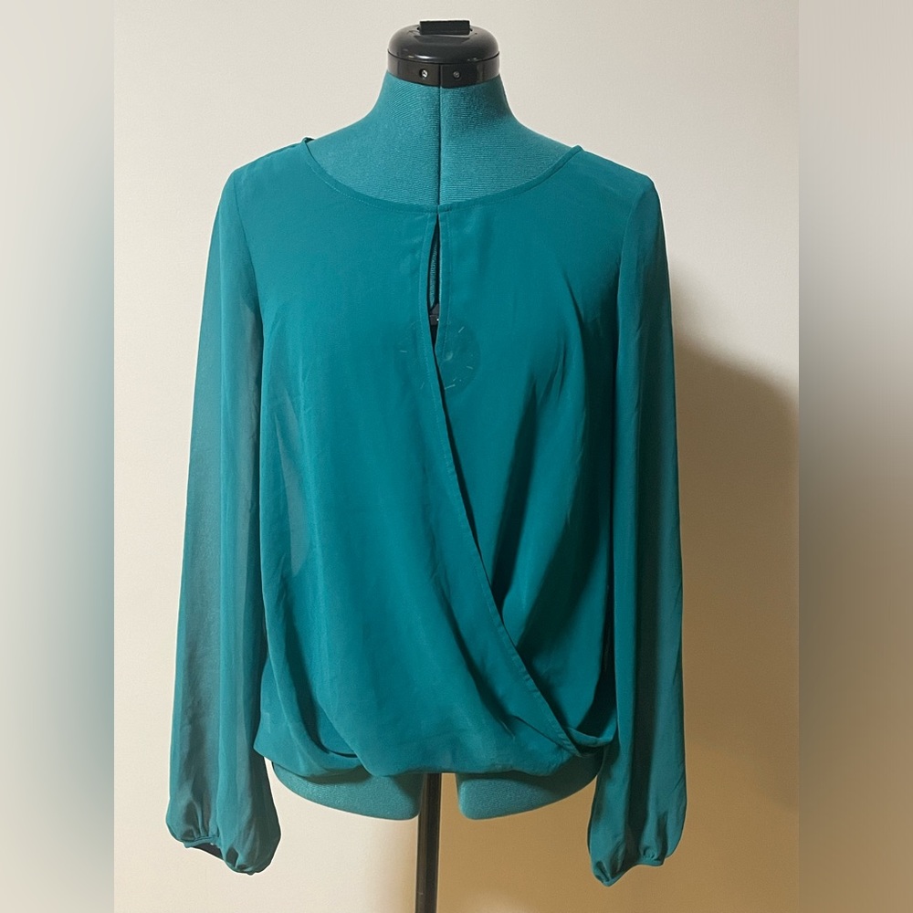 BEBE Long Balloon Sleeves Scoop Neckline Semi Sheer Surplice Teal Blouse Top